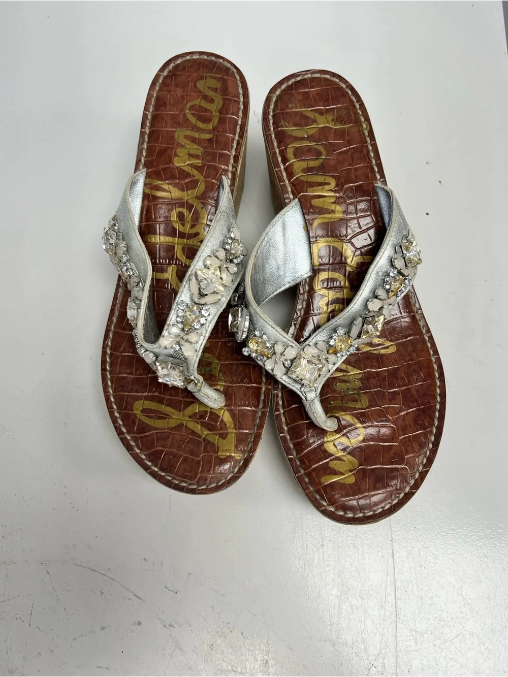 Sam Edelman Silver Jeweled Cork Wedge Thong Sandals Women’s 7.5